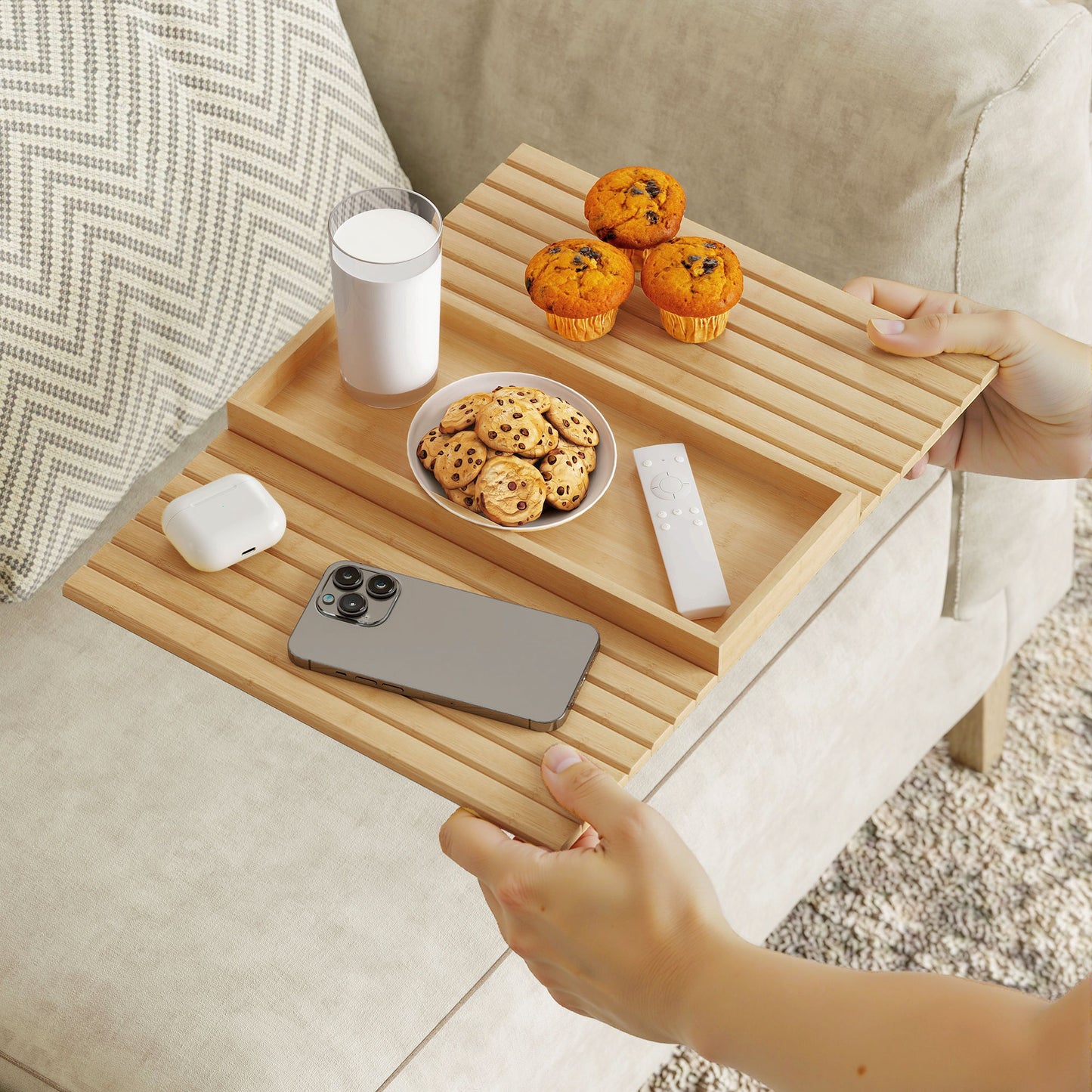 Bamboo Sofa Arm Tray, Foldable Anti-Slip Armrest Tray for Drinks