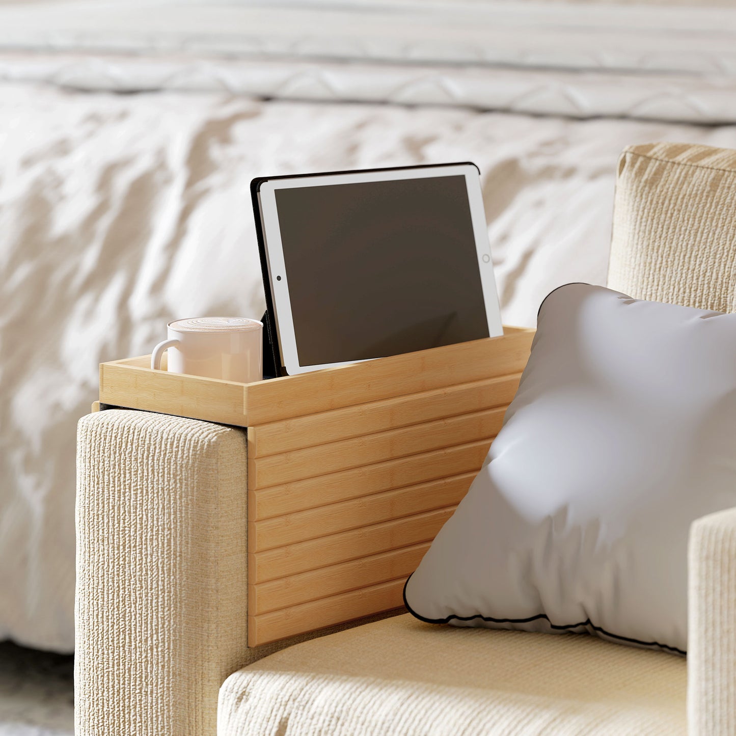 Bamboo Sofa Arm Tray, Foldable Anti-Slip Armrest Tray for Drinks