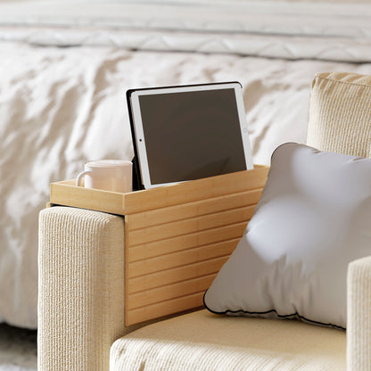 Bamboo Sofa Arm Tray, Foldable Anti-Slip Armrest Tray for Drinks
