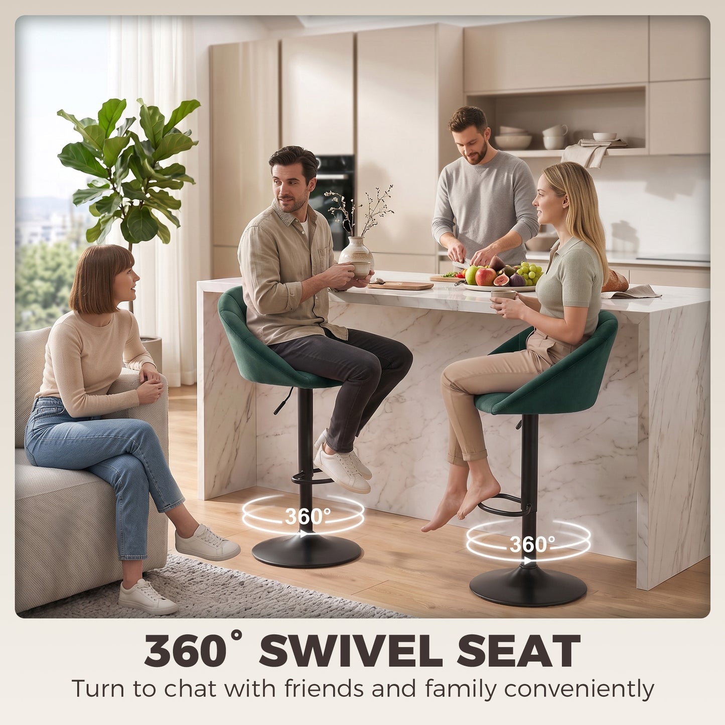 Bar Stools Set of 2 Velvet Adjustable Swivel Dark Green