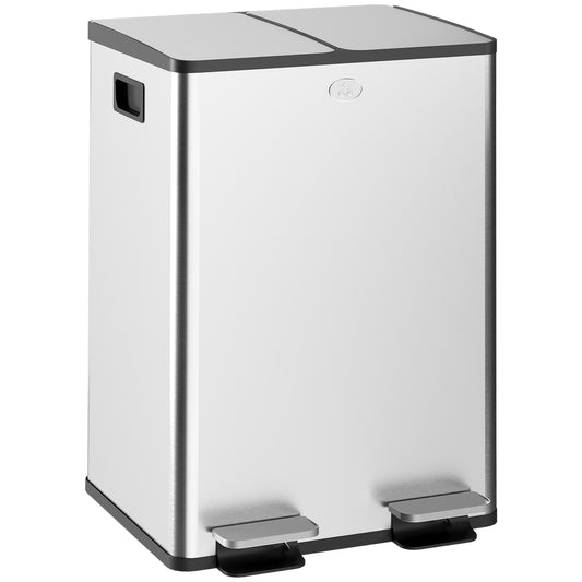 2 x 28L Dual Kitchen Bin Pedal Bin for Recycling and Waste, Silver