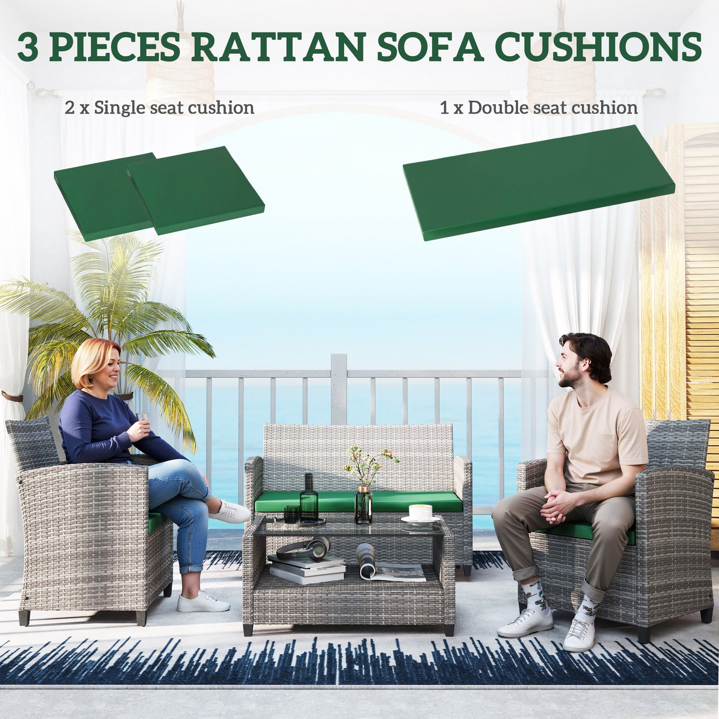 3PCs Rattan Garden Seat Cushions Pads for Patio Furniture Green