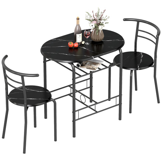Breakfast Bar Table and Stools Set, Dining Room Set with Shelf, Black