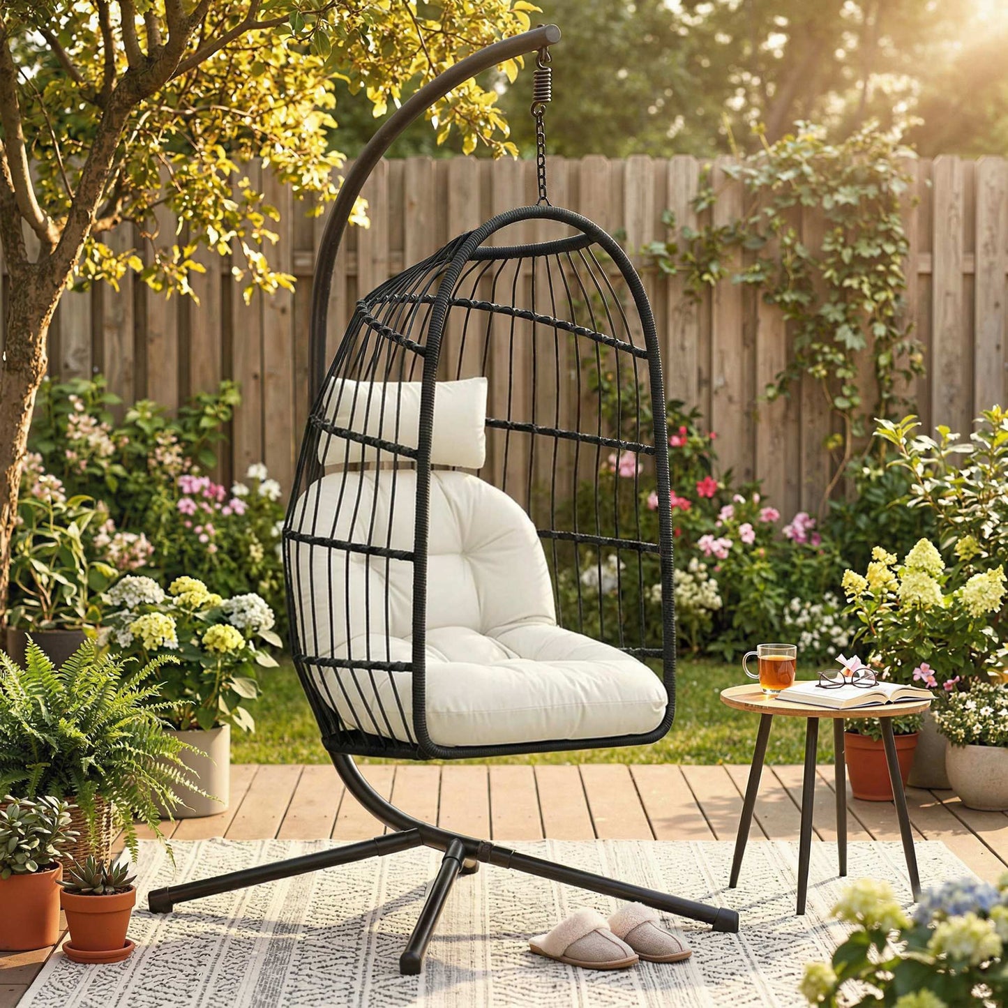Hanging Egg Chair, Indoor Outdoor Hammock Swing Chair with Stand, Safety Strap, Foldable Basket, Thick Cushions, Headrest, Adjustable Height, Metal Frame for Garden Balcony, Black/Cream White
