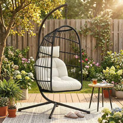 Hanging Egg Chair, Indoor Outdoor Hammock Swing Chair with Stand, Safety Strap, Foldable Basket, Thick Cushions, Headrest, Adjustable Height, Metal Frame for Garden Balcony, Black/Cream White