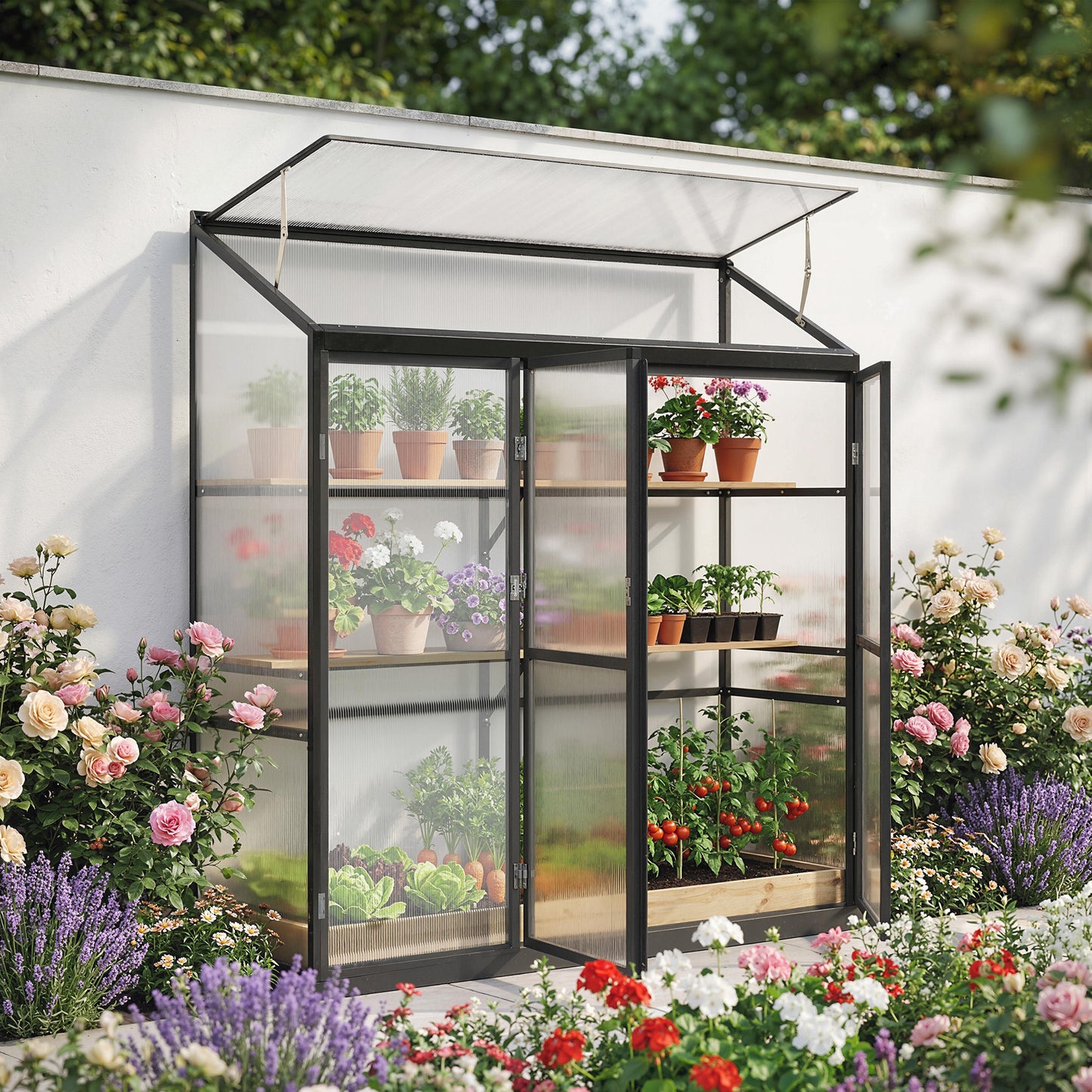 Polycarbonate Greenhouse with 3 Doors, Aluminium Walk-in Greenhouse