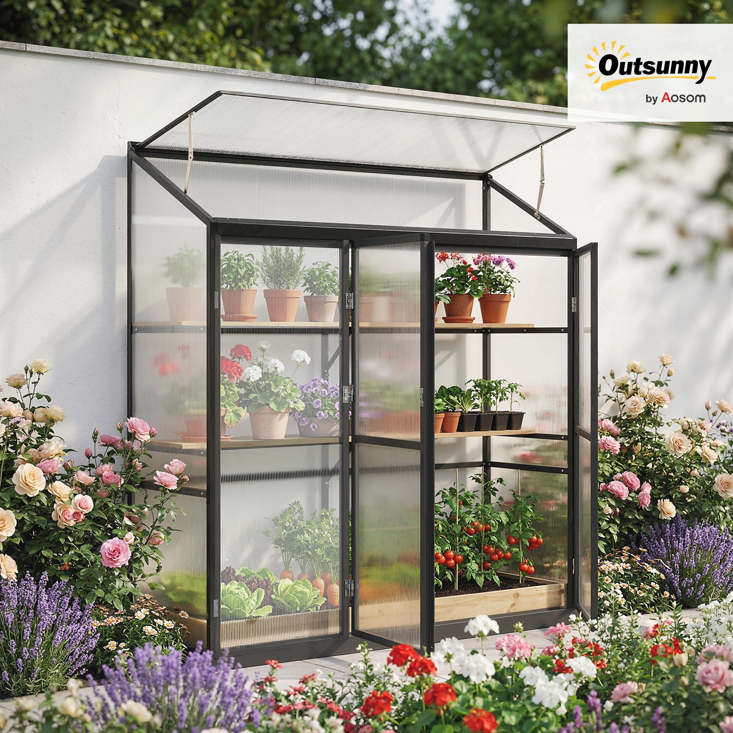 6 x 1.5ft Polycarbonate Greenhouse with 3 Hinged Doors, Top Vent, Lean-to Green House, Aluminium Walk-in Greenhouse for Patio Garden, Black