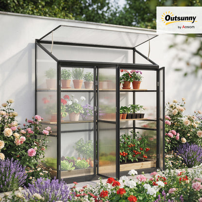 6 x 1.5ft Polycarbonate Greenhouse with 3 Hinged Doors, Top Vent, Lean-to Green House, Aluminium Walk-in Greenhouse for Patio Garden, Black