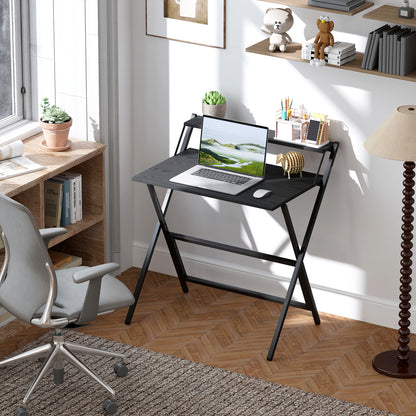 Folding Desk with Monitor Shelf, 81.5 cm Foldable Computer Desk for Small Spaces, Space Saving Writing Table Workstation for Home Office, Study, Easy Assembly, Black