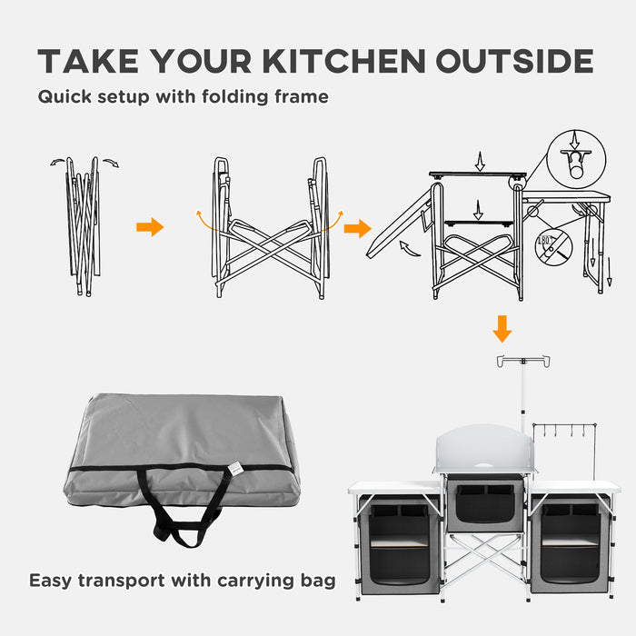 Folding Camping Kitchen, Portable Aluminium Camping Table w/ 3 Fabric Cupboards, Windshield, Stand, Carrying Bag for BBQ, RV