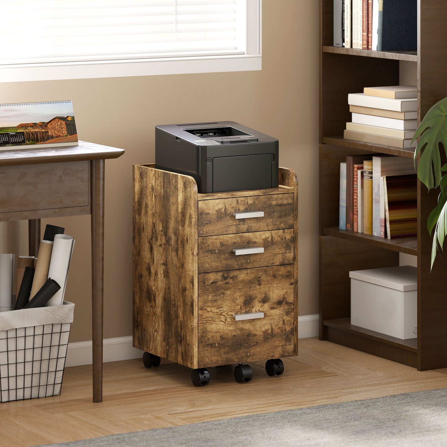 Mobile Filing Cabinet, File Cabinet with 3 Drawers, Rustic Brown