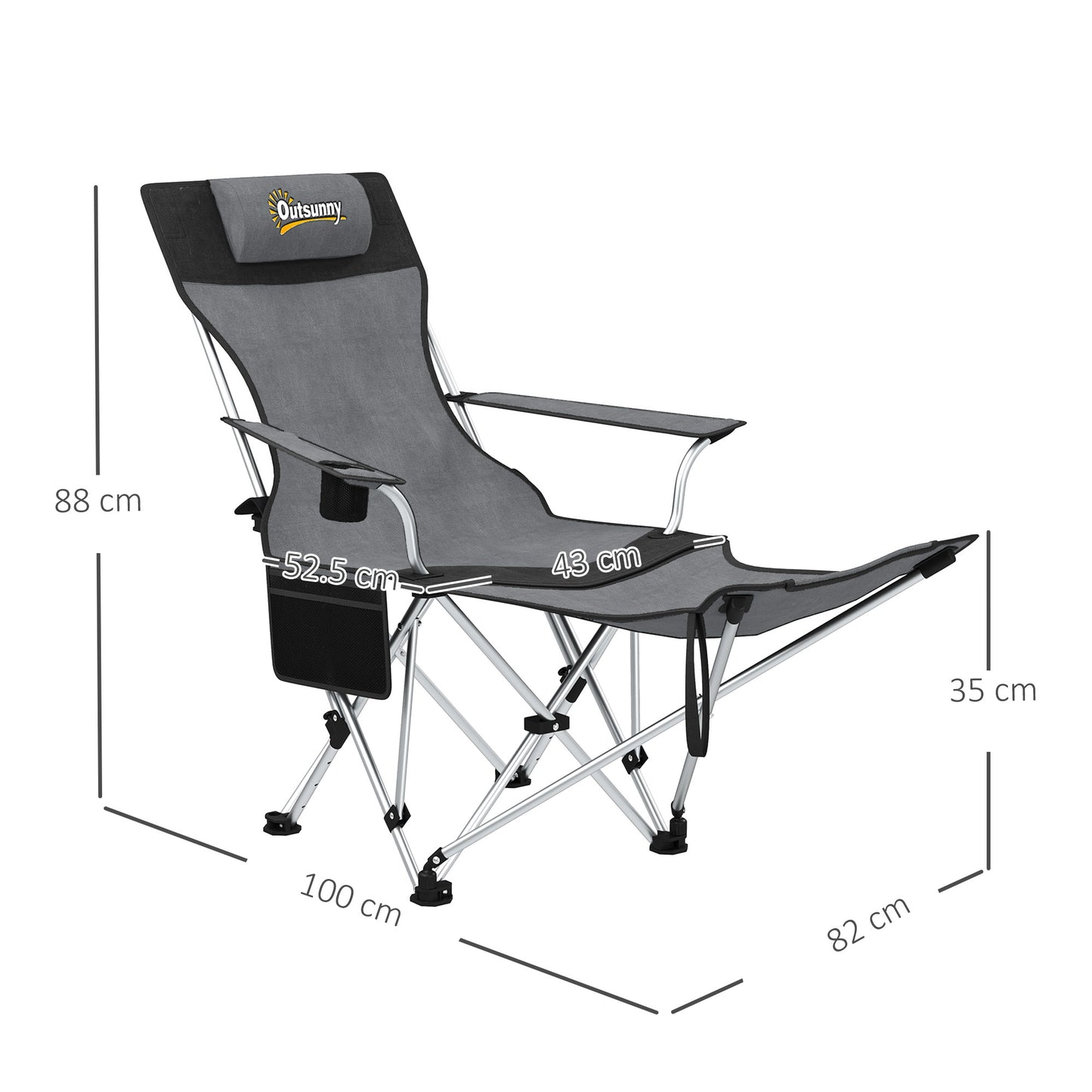 Set of 2 Reclining Camping Chairs, Grey and Black