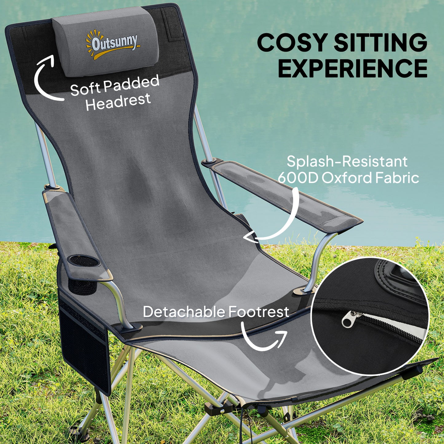 Set of 2 Reclining Camping Chairs, Grey and Black