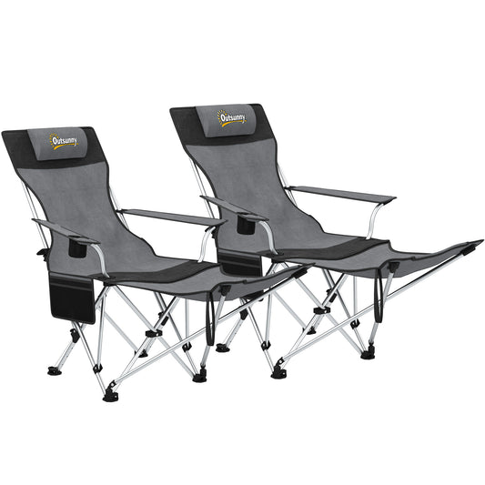 Set of 2 Reclining Camping Chairs, Grey and Black