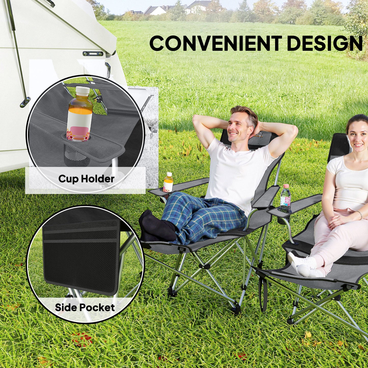 Set of 2 Reclining Camping Chairs, Grey and Black