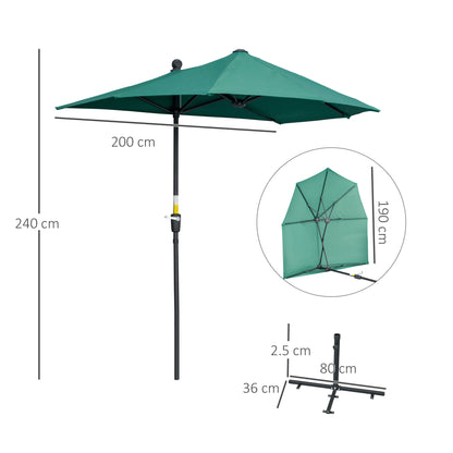 2m Half Parasol Market Umbrella Garden Balcony Parasol with Crank Handle, Cross Base, Double-Sided Canopy, Green