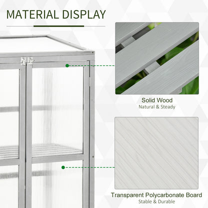 Wooden Cold Frame Greenhouse Garden Polycarbonate Grow House w/ Adjustable Shelf, Double Doors, 76 x 47 x 110 cm, Grey
