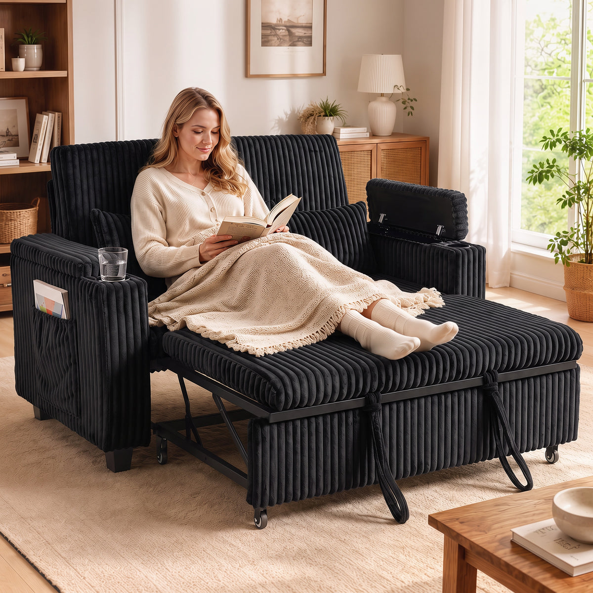 2 Seater Sofa Bed, 3-in-1 Corduroy Pull Out Sleeper Sofa, Black