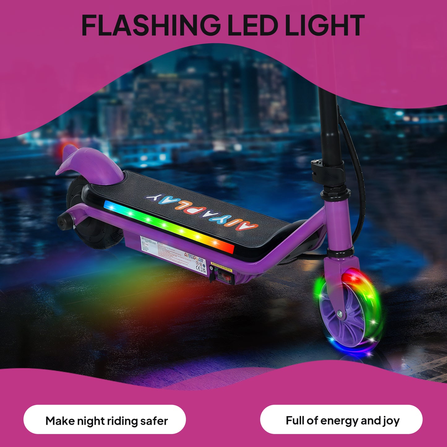 Electric Scooter for 6-14 w/Dual Brakes & Colourful Light, Purple