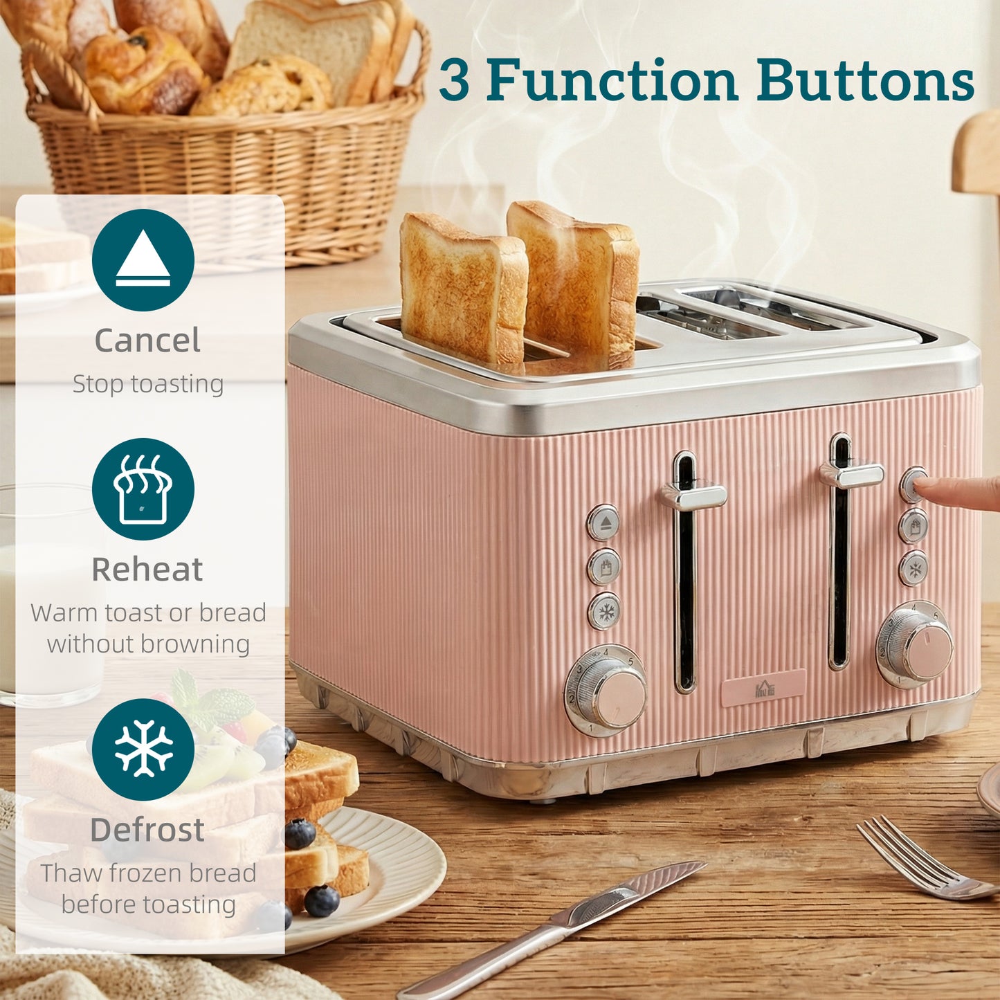1.7L 3000W Rapid Boil Kettle and 4 Slice Toaster Set Crumb Tray Pink
