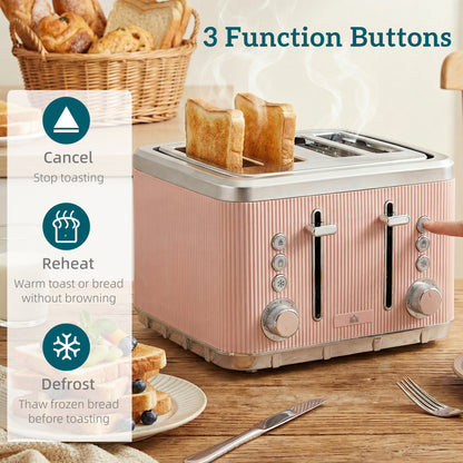 1.7L 3000W Rapid Boil Kettle and 4 Slice Toaster Set Crumb Tray Pink