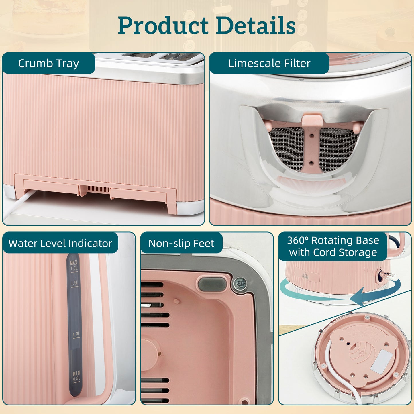 1.7L 3000W Rapid Boil Kettle and 4 Slice Toaster Set Crumb Tray Pink