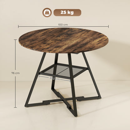 Round Dining Table for 4, 100 cm Kitchen Table w/ Shelf, Rustic Brown