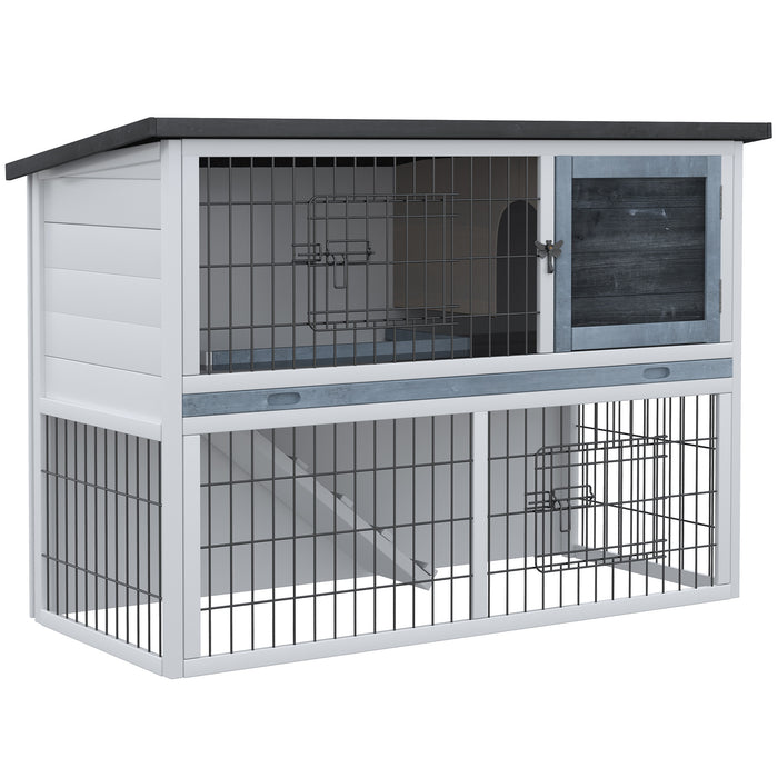 Small Animal Two-Level Fir Wood Hutch w/ Slide Out Tray Grey