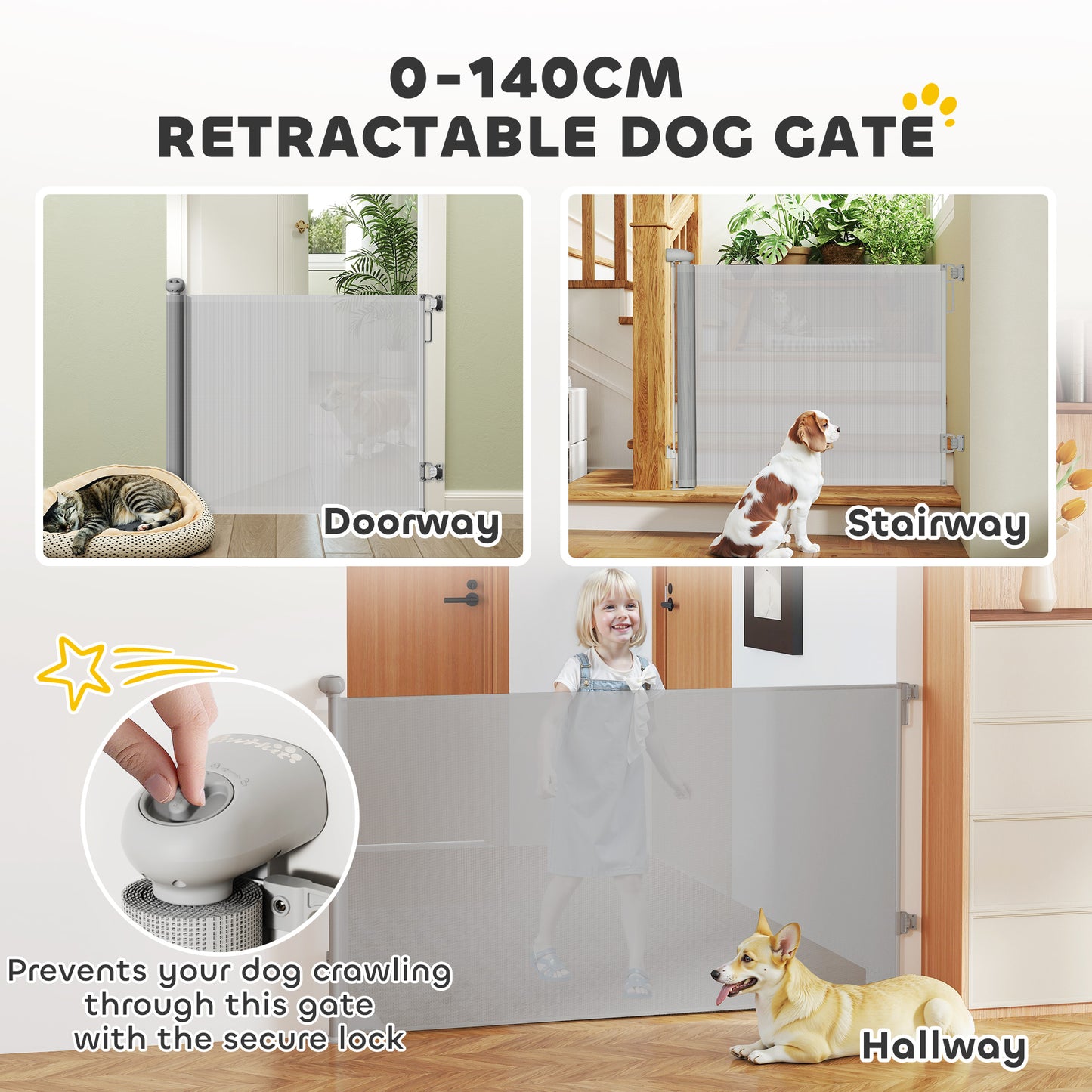 Retractable Stair Gate, Dog Gate Extends Up to 140 cm Wide, Grey