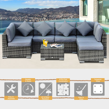 8 Pieces PE Rattan Corner Sofa Set with Thick Cushions, Aluminium Outdoor Rattan Garden Furniture Set with Glass Top Table, No Assembly Required, Grey