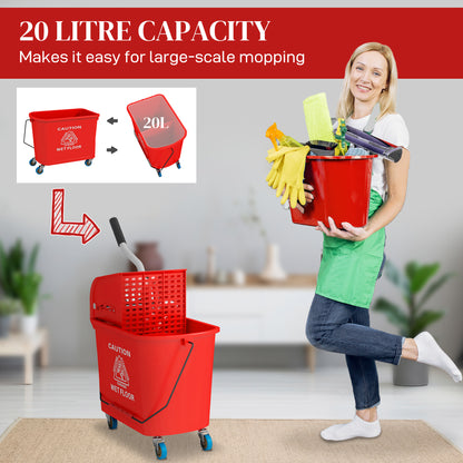 20L Mop Bucket with Wringer Handle on Wheels for Floor Cleaning Red
