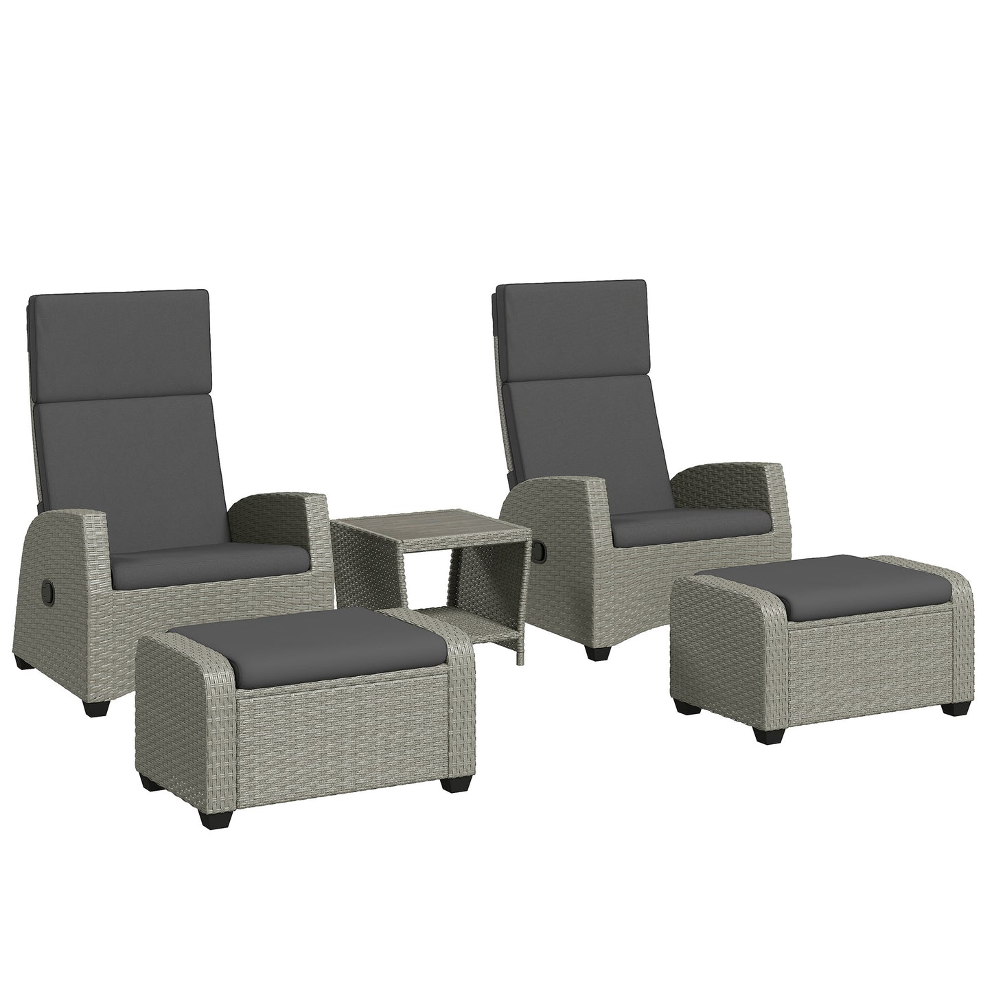 5 PCs Rattan Garden Furniture Set with Reclining Chairs, Grey
