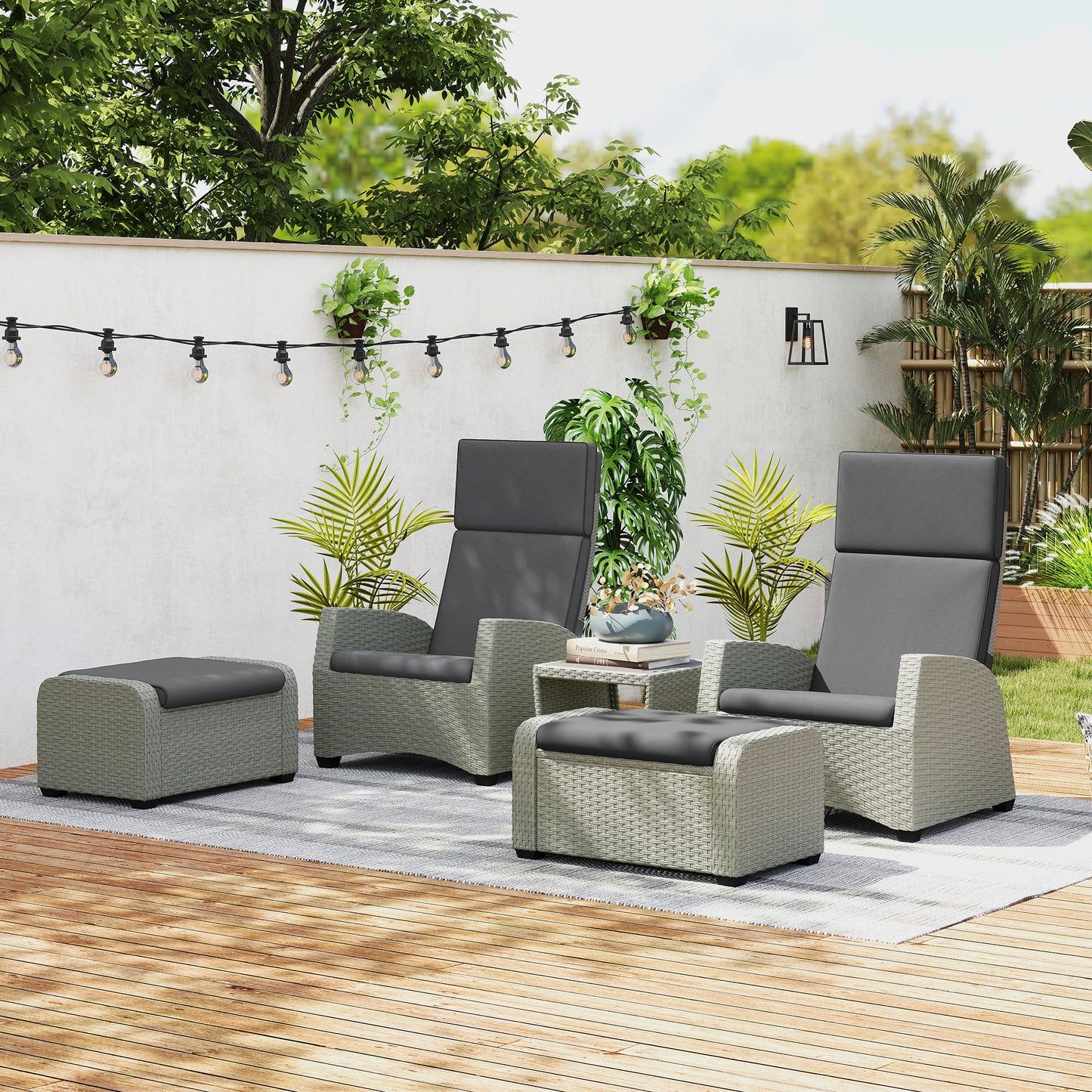 5 PCs Rattan Garden Furniture Set with Reclining Chairs, Grey