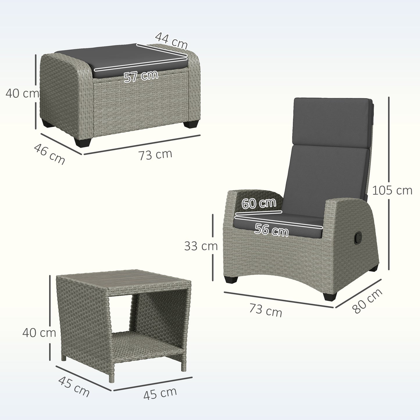 5 PCs Rattan Garden Furniture Set with Reclining Chairs, Grey