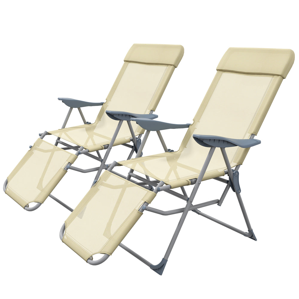 Outdoor Sun Lounger Set of 2, Reclining Garden Chairs w/ Adjustable Footrest, 2 pcs Recliner w/ 5-level Adjustable Backrest, Headrest, Beige