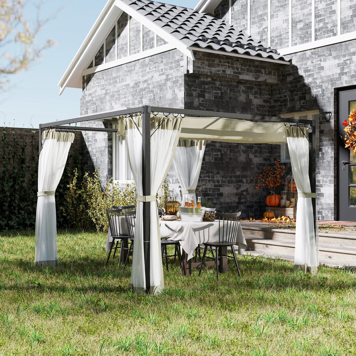 3 x 3 m Pergola with Retractable Roof and Netting, Khaki