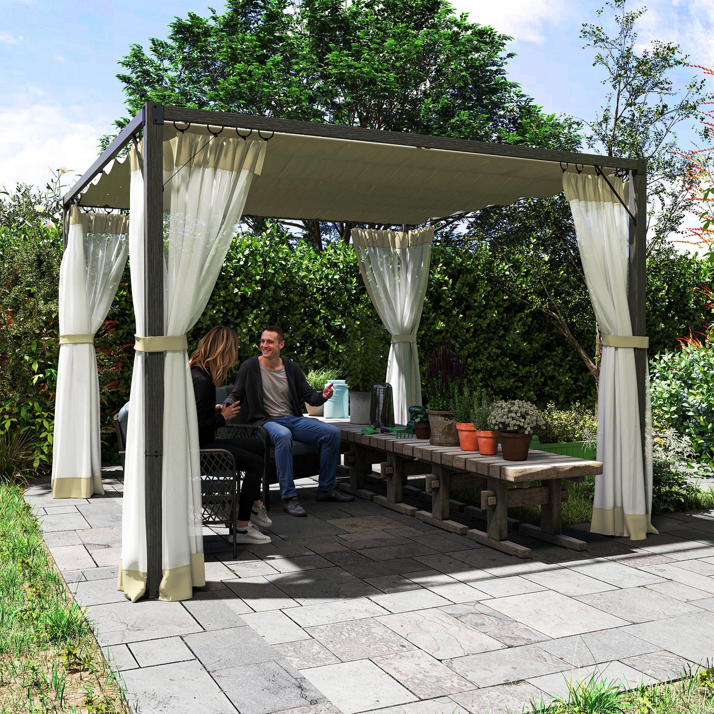 3 x 3 m Pergola with Retractable Roof and Netting, Khaki