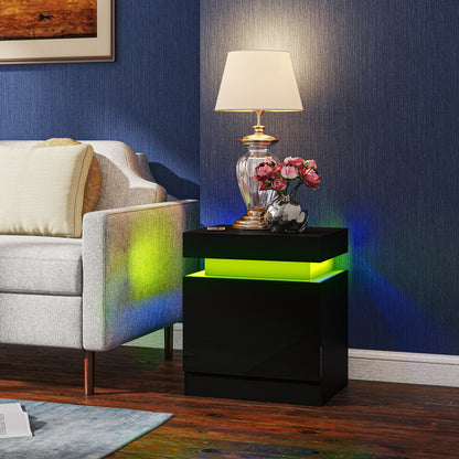 High Gloss Front Bedside Table, APP Control Nightstand with RGB LED Light and 2 Drawers, Chest of Drawers for Bedroom, Living Room, Set of 2, Black