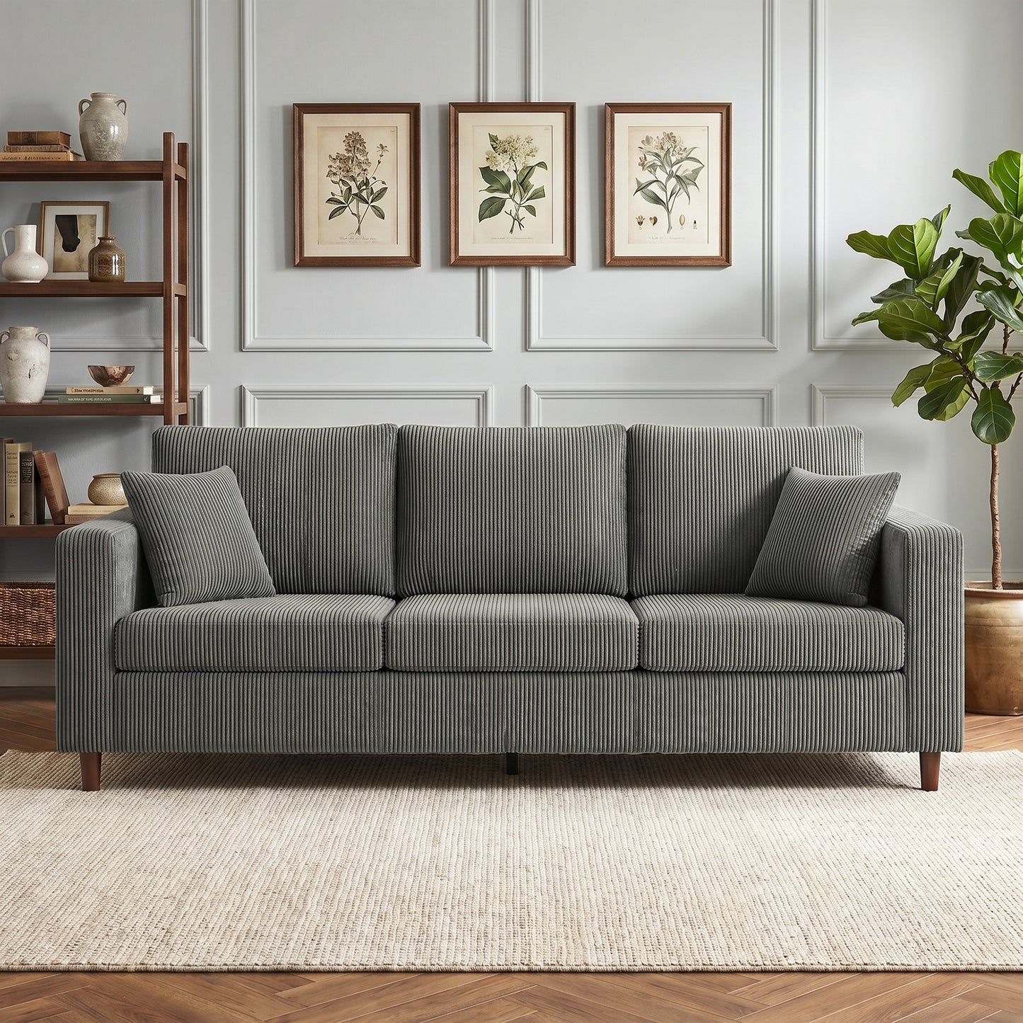 3 Seater Sofa with Wide Seat, Corduroy Upholstered, Light Grey