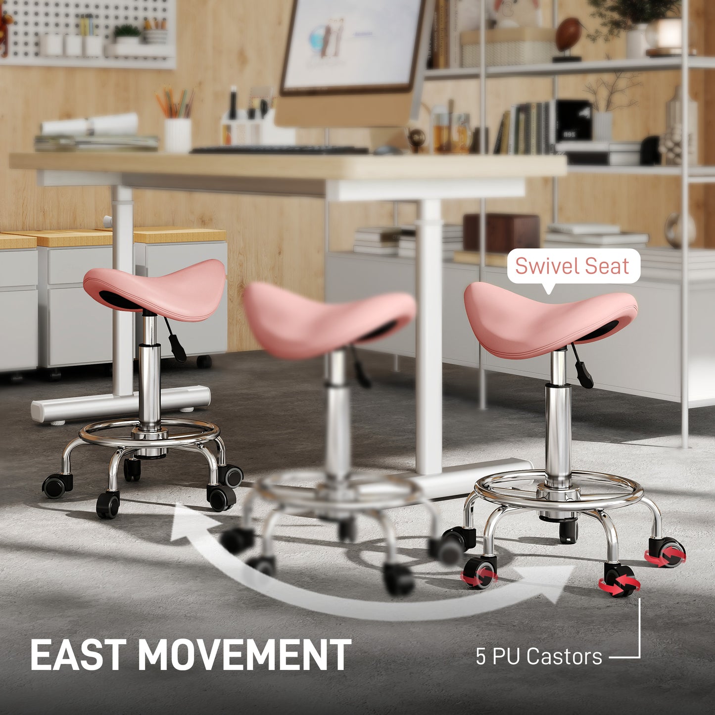 Saddle Chair, Rolling Salon Stool for Massage Spa, Pink