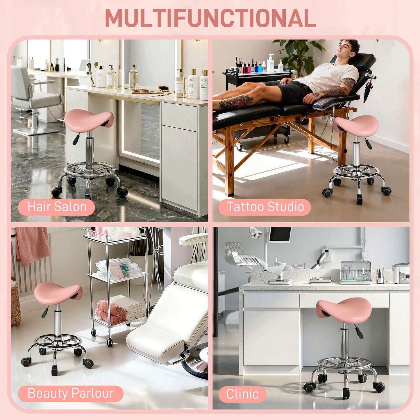 Saddle Chair, Rolling Salon Stool for Massage Spa, Pink