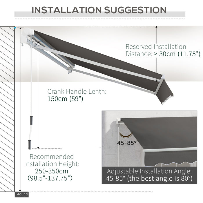 4x2.5m Retractable Manual Awning Window Door Sun Shade Canopy with Fittings and Crank Handle Grey