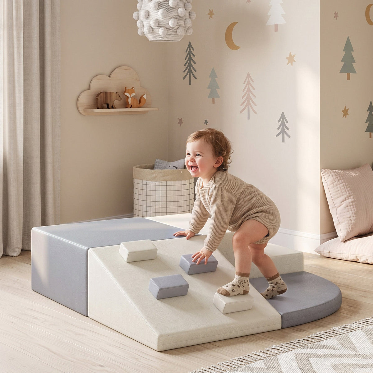 4 Piece Foam Soft Play Climbing Set with Ramp and Steps - Light Grey & Beige
