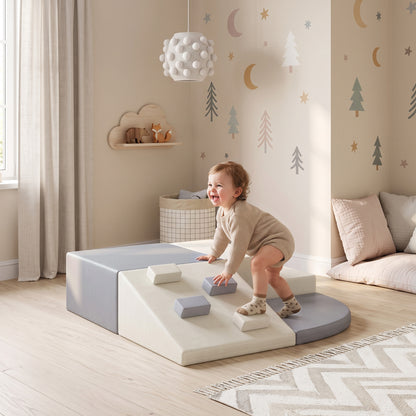 4 Piece Foam Soft Play Climbing Set with Ramp and Steps - Light Grey & Beige