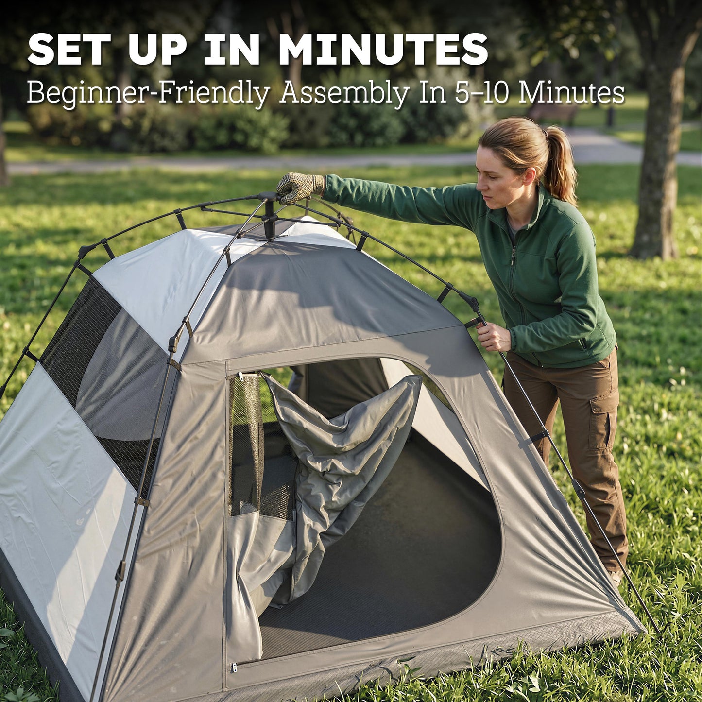 Camping Tent, 2 Man Dome Tent with 2 Doors and 2 Windows, 3000mm Waterproof, with Sewn-in Groundsheet, Carry Bag and Top Hook for Fishing Hiking Festival, Grey & Green