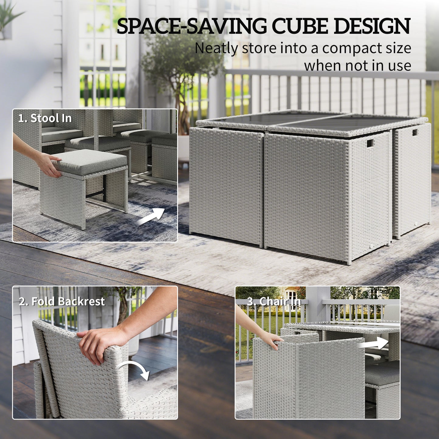 8 Seater Cube Rattan Garden Dining Set with Cushions, Light Grey