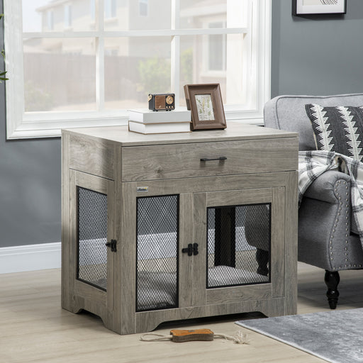 Indoor Use Dog Crate Furniture with Cushion, Double Doors Pet Kennel End Table with Drawer for Medium Dogs, Grey