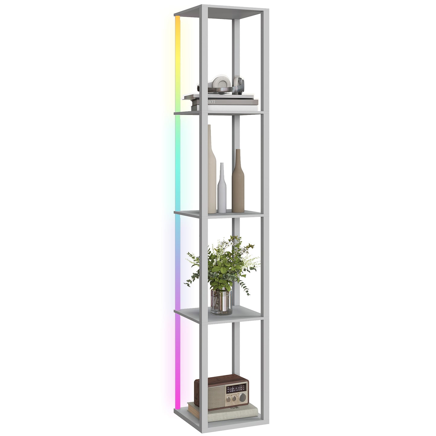 RGB LED Floor Lamp with Shelves and Remote Control for Bedroom, Grey