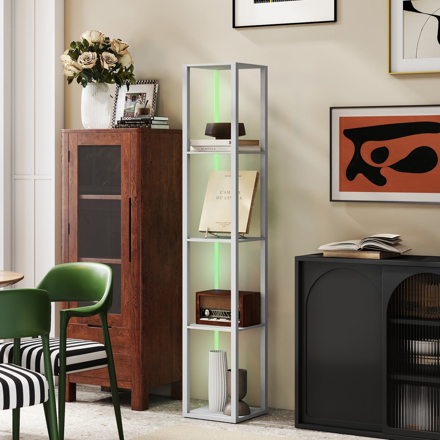 RGB LED Floor Lamp with Shelves and Remote Control for Bedroom, Grey