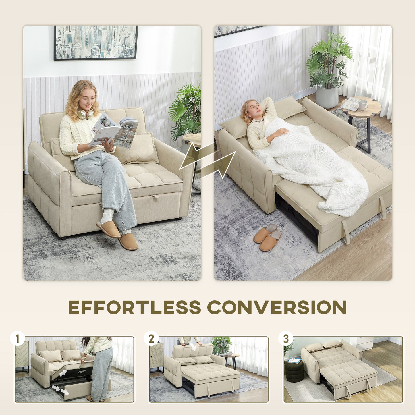 2 Seater Sofa Bed, 3-in-1 Sleeper Sofa with Adjustable Backrest